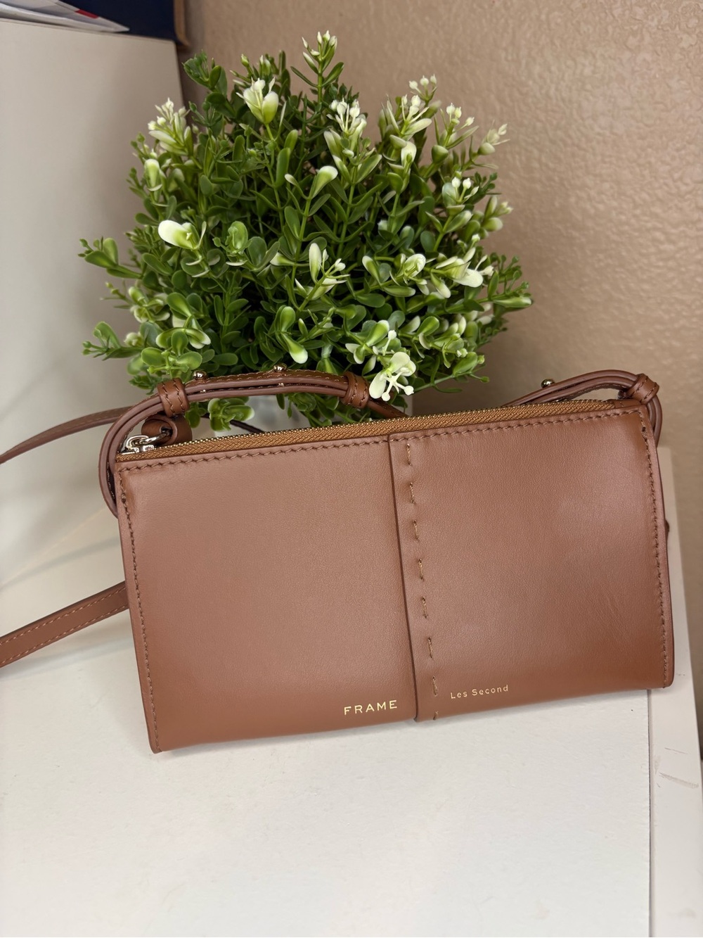 FRAME Les Second Leather Crossbody Bag Cognac Brown Made in Italy